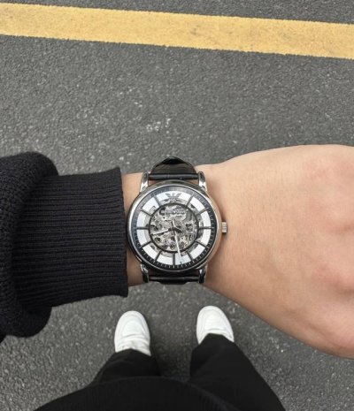 Emporio Armani watch, automatic mechanical movement, leather strap, skeletonized