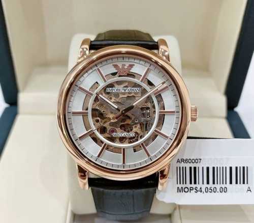 Armani, Italy, Ar60007 rose gold mechanical watch. Large three-hand, hollowed-ou