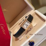 White gold with red travel packaging. The new Cartier Tank mini, 24 x 16 mm, ha