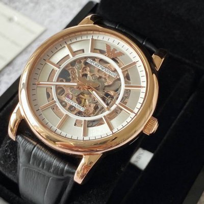 Armani Ar60007 Rose Gold Hollow Perspective Leather Strap Automatic Mechanical W
