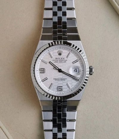 The new white gold Rolex Land-Dweller, launched in 2025, features an integrated