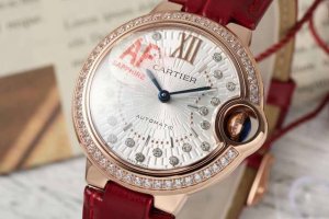 Cartier 33mm Blue Balloon watch DDD. The case is 33mm in diameter and 10mm thick