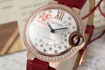 Cartier 33mm Blue Balloon watch DDD. The case is 33mm in diameter and 10mm thick