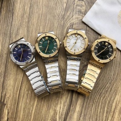 The Versace Vevi series women's watch features a unique sunburst dial and screw