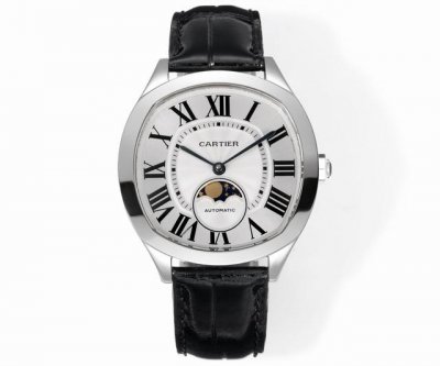 Cartier Drive De Cartier watch. Its elegant and solemn pillow-shaped design pair
