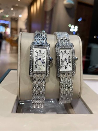 Full Diamond White Gold 680 Tankam Ricaine Watch Cartier American Tank Series Sm