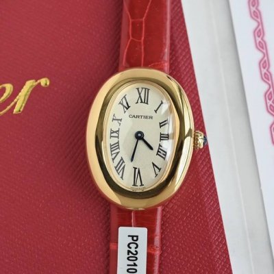 Rose gold watch head with red crocodile leather strap. The bright red color and
