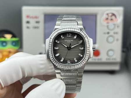 New Arrival Gr Patek Philippe 7014 Ladies' Nautilus White Gold T-shaped Diamond - Click Image to Close