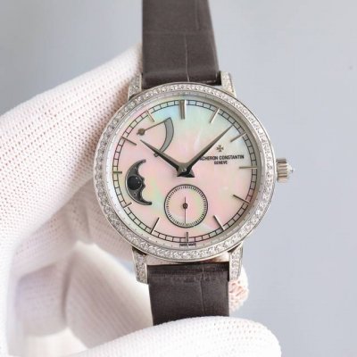 The Vacheron Constantin Tradition Moon Phase watch features a 36mm round white g