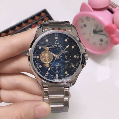 White, gold, Omega nine-wheel automatic sun, moon and star mechanical, 6-digit