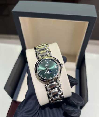 This Longines Heart Moon watch with an emerald dial features a 30.5mm watch gla