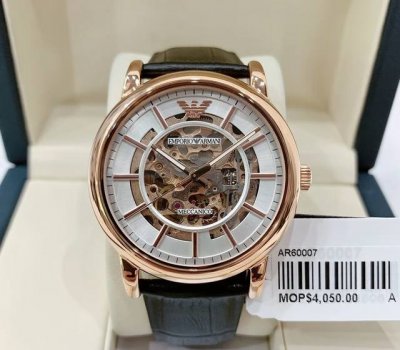 Armani, Italy, Ar60007 rose gold mechanical watch. Large three-hand, hollowed-ou