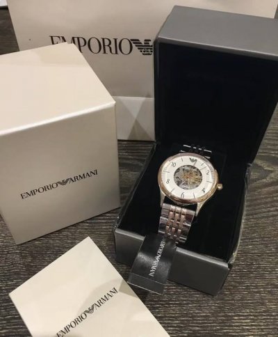 Armani, men's mechanical automatic movement watch, warm white dial, rose gold o